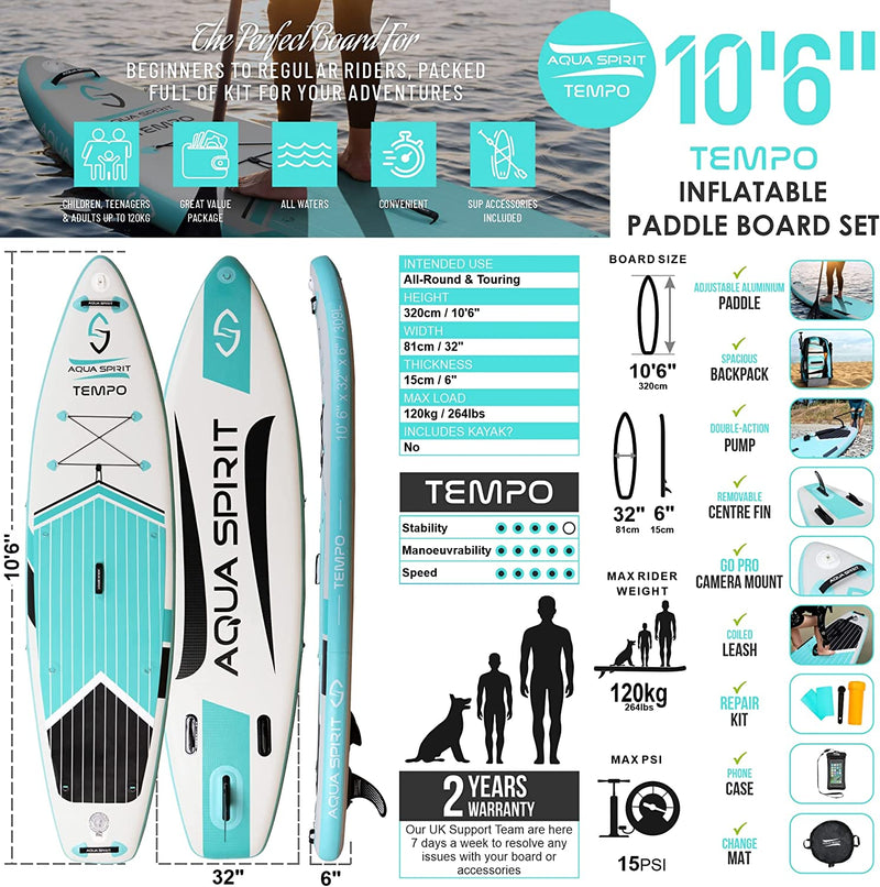AQUA SPIRIT Inflatable Stand up Paddle Board SUP TEMPO Package | 10’6 x 32” x 6” | Adult Beginners/Experts | 120KG Limit | Paddle, Backpack, Pump, Go Pro Mount, Change Mat, Phone Case Green