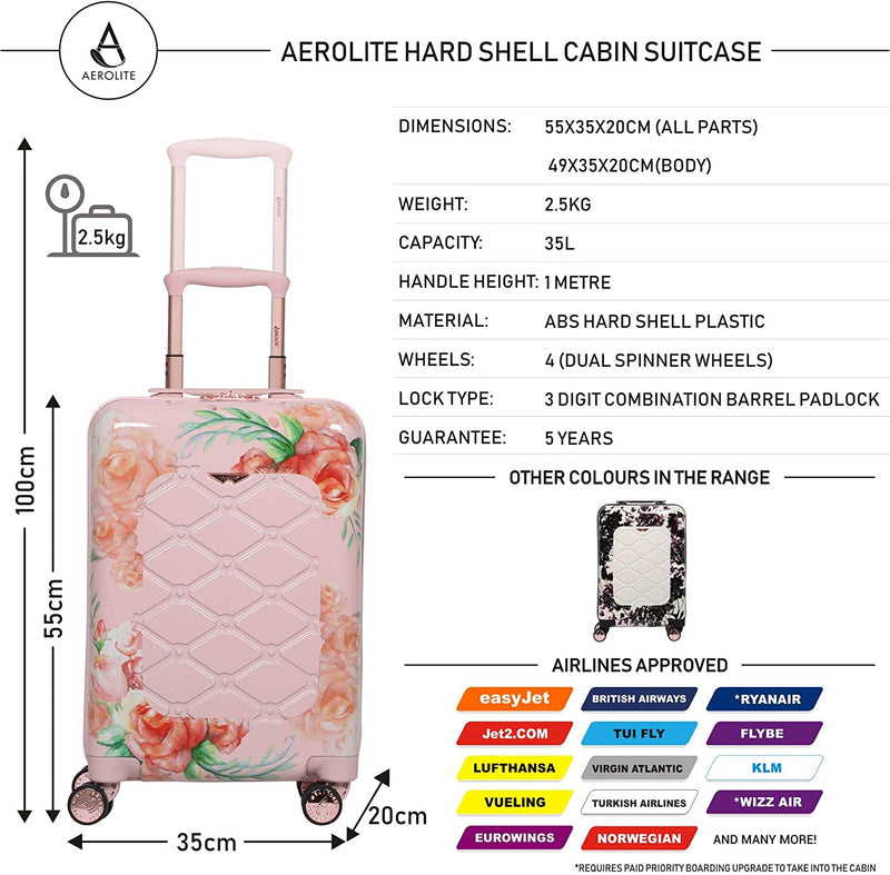 Aerolite 55x35x20cm Polycarbonate Hard Shell 4 Wheel Travel Carry On Hand Cabin Luggage Suitcase, White Pink Rose Floral