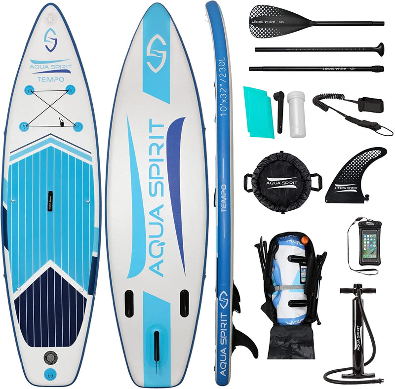 AQUA SPIRIT Inflatable Stand up Paddle Board SUP TEMPO Package | 10’ x 32” x 5” | Adult Beginners/Experts | 115KG Limit | Paddle, Backpack, Pump, Go Pro Mount, Change Mat, Phone Case