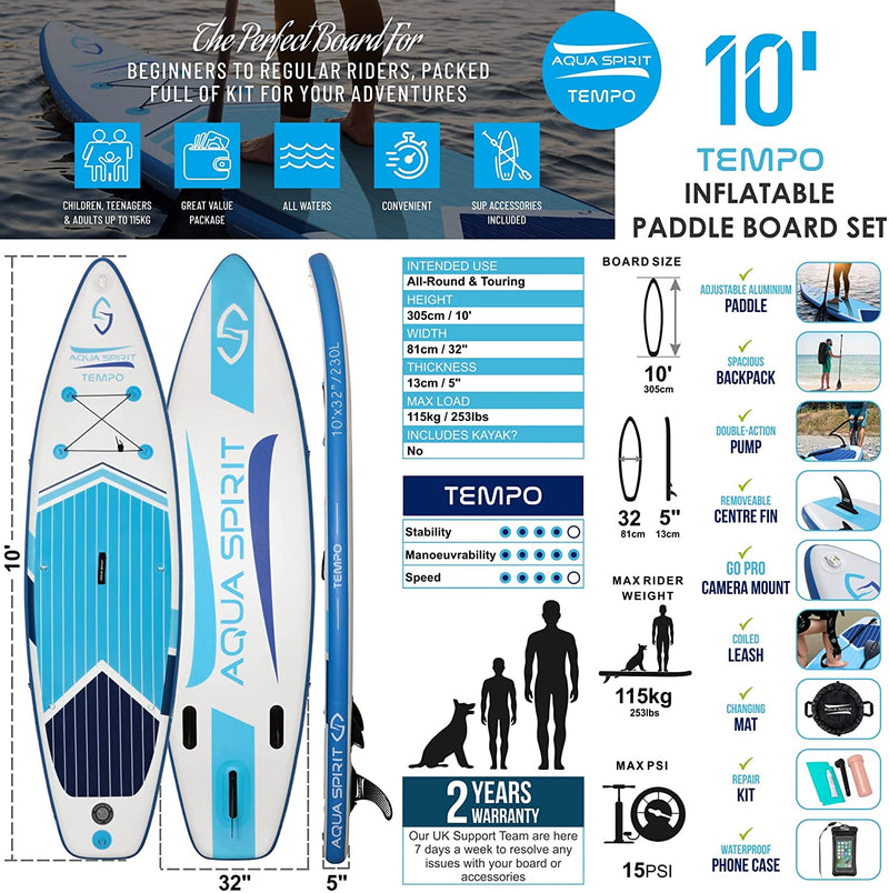AQUA SPIRIT Inflatable Stand up Paddle Board SUP TEMPO Package | 10’ x 32” x 5” | Adult Beginners/Experts | 115KG Limit | Paddle, Backpack, Pump, Go Pro Mount, Change Mat, Phone Case