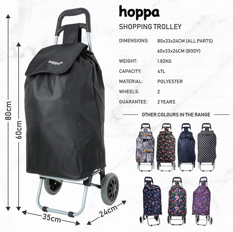 Hoppa 47L Lightweight Shopping Trolley, Hard Wearing & Foldaway for Easy Storage with 3 Years Guarantee Black Set of 2