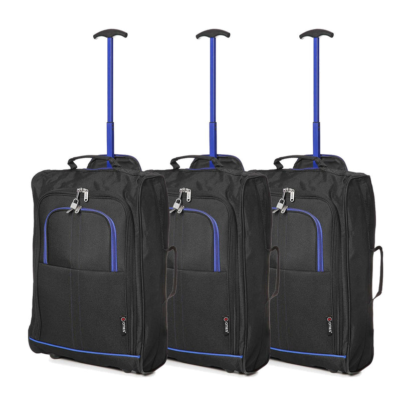 Set of 3 Super Lightweight 5 Cities 21"/55cm Cabin Approved Carry On 2 Wheel Suitcase Trolley Bags Hand Luggage with Sturdy Frame Blue + Black