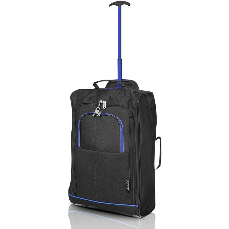 Set of 3 Super Lightweight 5 Cities 21"/55cm Cabin Approved Carry On 2 Wheel Suitcase Trolley Bags Hand Luggage with Sturdy Frame Blue + Black