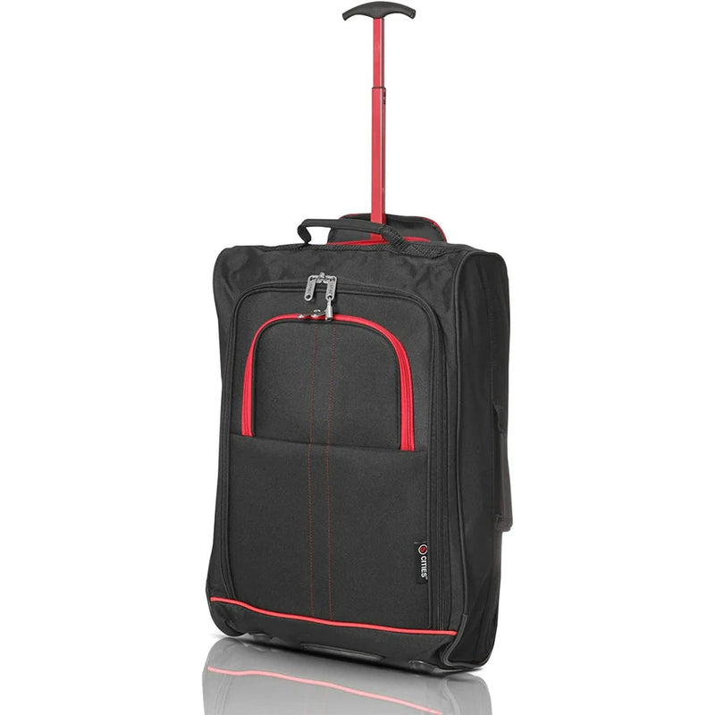 Set of 3 Super Lightweight 5 Cities 21"/55cm Cabin Approved Carry On 2 Wheel Suitcase Trolley Bags Hand Luggage with Sturdy Frame Red + Black