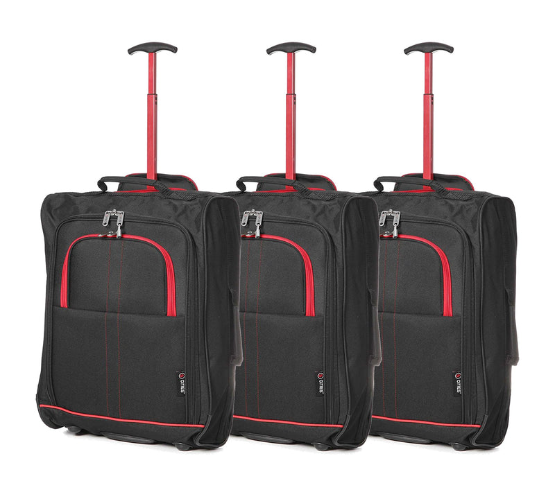 Set of 3 Super Lightweight 5 Cities 21"/55cm Cabin Approved Carry On 2 Wheel Suitcase Trolley Bags Hand Luggage with Sturdy Frame Red + Black