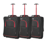 Set of 3 Super Lightweight 5 Cities 21"/55cm Cabin Approved Carry On 2 Wheel Suitcase Trolley Bags Hand Luggage with Sturdy Frame Red + Black