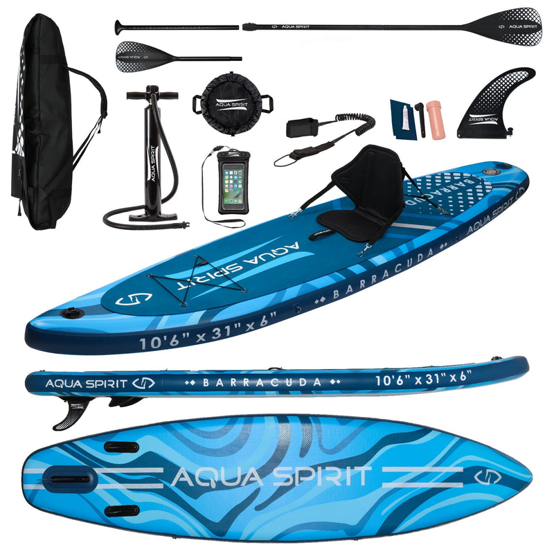AQUA SPIRIT Barracuda iSUP 10'6 long Inflatable Stand up Paddle Board for Adult Beginners / Intermediate with Backpack, Leash, Paddle, Changing Mat & Waterproof Phone Case - Packed Direct UK