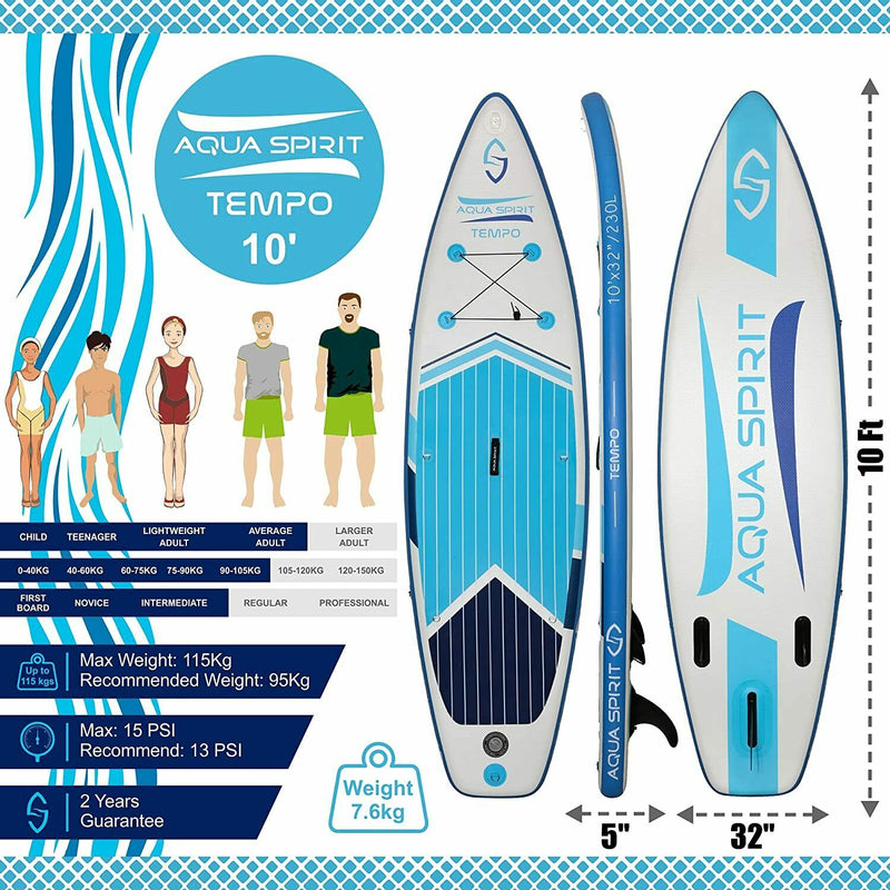 Aqua Spirit Tempo Blue 10FT iSUP Inflatable Stand up Paddle Board & Accessories - Packed Direct UK