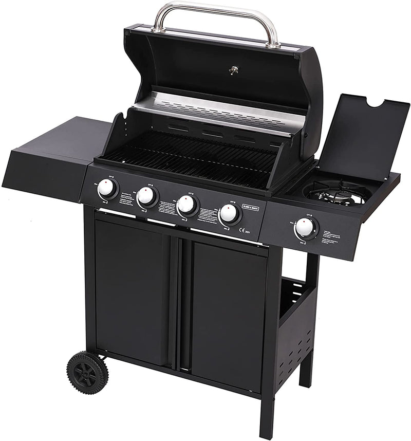 Olsen & Smith 4+1 Gas Burner Garden Outdoor BBQ Barbecue Grill 4 Burners with Side Burner Hotplate & Storage 2 Wheels - Black