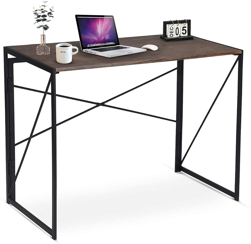Folding Computer Desk Table, Compact Foldable Home Office Computer PC Laptop Workstation Desk Table for Home Office, Wood & Metal, Brown Black - Packed Direct UK