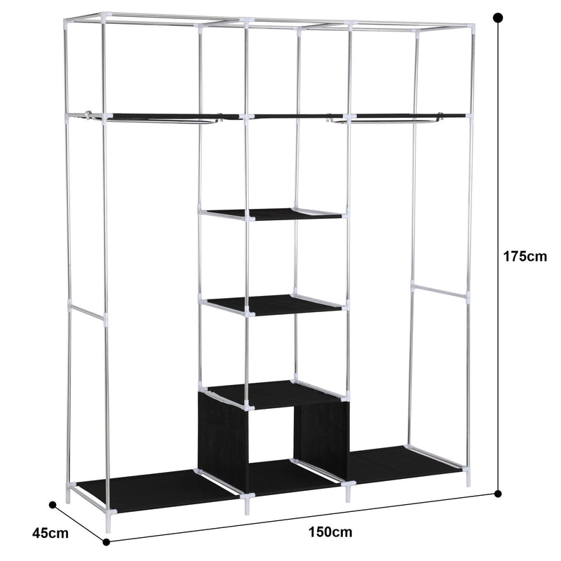 Freestanding Wardrobe Cloakroom Storage Organiser with Clothes Hanging Rails, Shoe & Storage Compartments Shelves Spaces and Covers for Home & Bedroom - Packed Direct UK