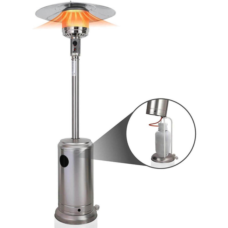 Gas Powered Patio Heater, Free Standing Stainless Steel Outdoor Garden Patio Heater Burner, Adjustable Heat, Propane, Silver