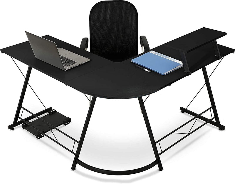 L-Shaped Corner PC Computer Desk, Large L Shape Wood Steel Metal Laptop Study Corner Workstation Gaming Desk Table for Home and Office - Black - Packed Direct UK