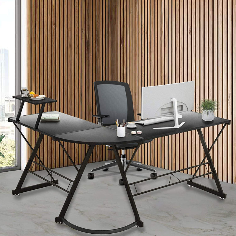 L-Shaped Corner PC Computer Desk, Large L Shape Wood Steel Metal Laptop Study Corner Workstation Gaming Desk Table for Home and Office - Black - Packed Direct UK