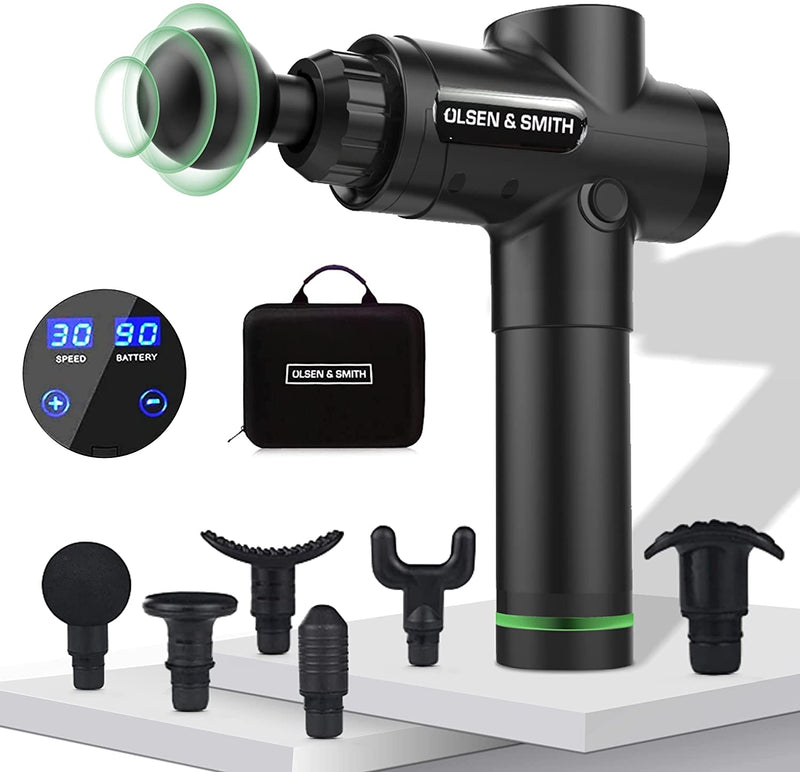 Olsen & Smith Massage Gun Deep Tissue, 6 Heads, LCD Display, 30 Speeds Quiet Operation, Handheld Muscle Massager for Muscle Soreness Pain Tension Relief & Recovery, Black