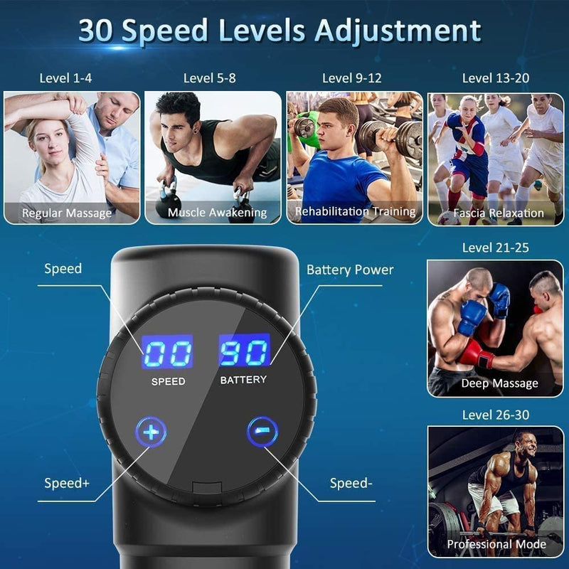 Olsen & Smith Massage Gun Deep Tissue, 6 Heads, LCD Display, 30 Speeds Quiet Operation, Handheld Muscle Massager for Muscle Soreness Pain Tension Relief & Recovery, Black