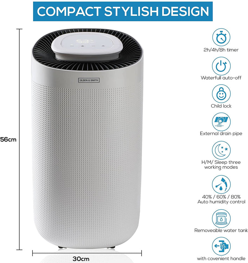 Olsen & Smith 12L/Day Portable Electric Dehumidifier Dehumidifiers for Home Damp Bedroom Kitchen Bathroom Garage Basement with 3L Tank & 2m Drain Hose - Packed Direct UK