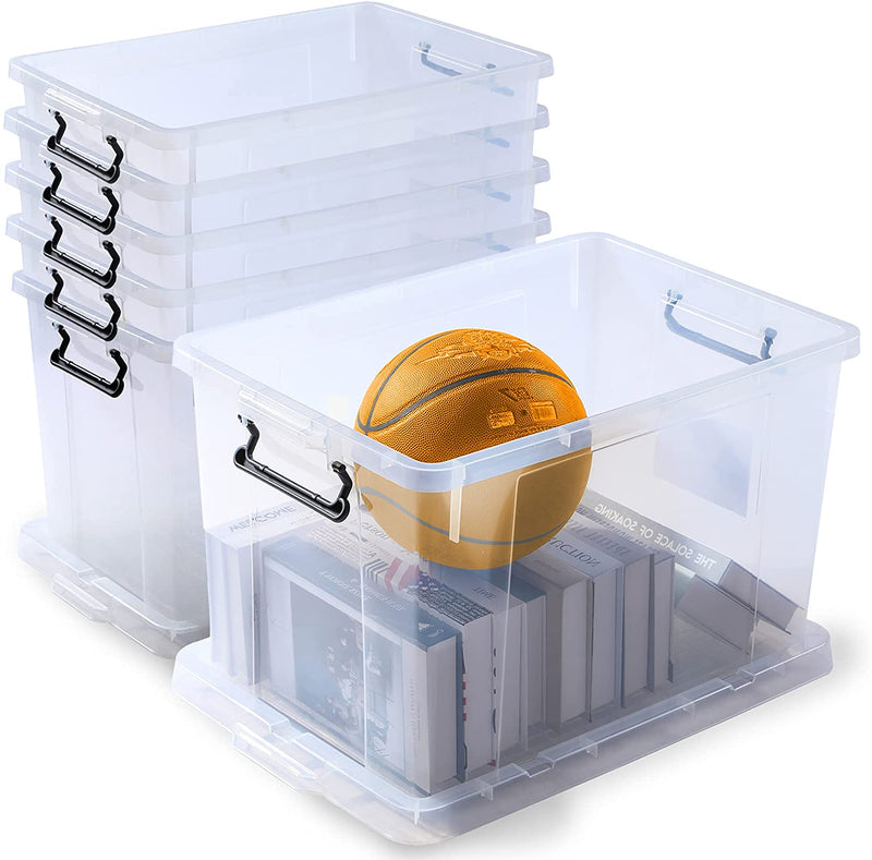Olsen & Smith Set of 4 Clear 33L Plastic Storage Container Boxes Tubs with Lid , Clip Locked Stackable and Nestable BPA Free , Small , 51 x 39 x 25cm - Packed Direct UK