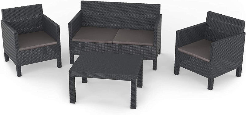 Olsen & Smith Toomax Penelope 4 Piece 4 Person Weatherproof Rattan Outdoor Family Garden Lawn Furniture Set 2x Chair + 2 Person Love Seat Sofa + Table, Anthracite - Packed Direct UK