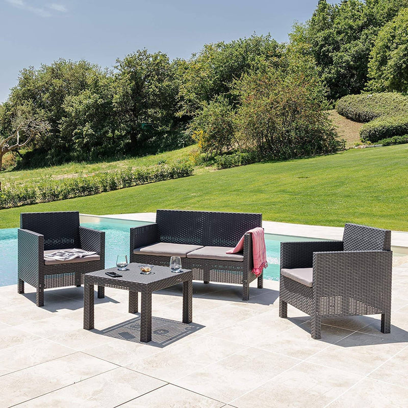 Olsen & Smith Toomax Penelope 4 Piece 4 Person Weatherproof Rattan Outdoor Family Garden Lawn Furniture Set 2x Chair + 2 Person Love Seat Sofa + Table, Anthracite - Packed Direct UK