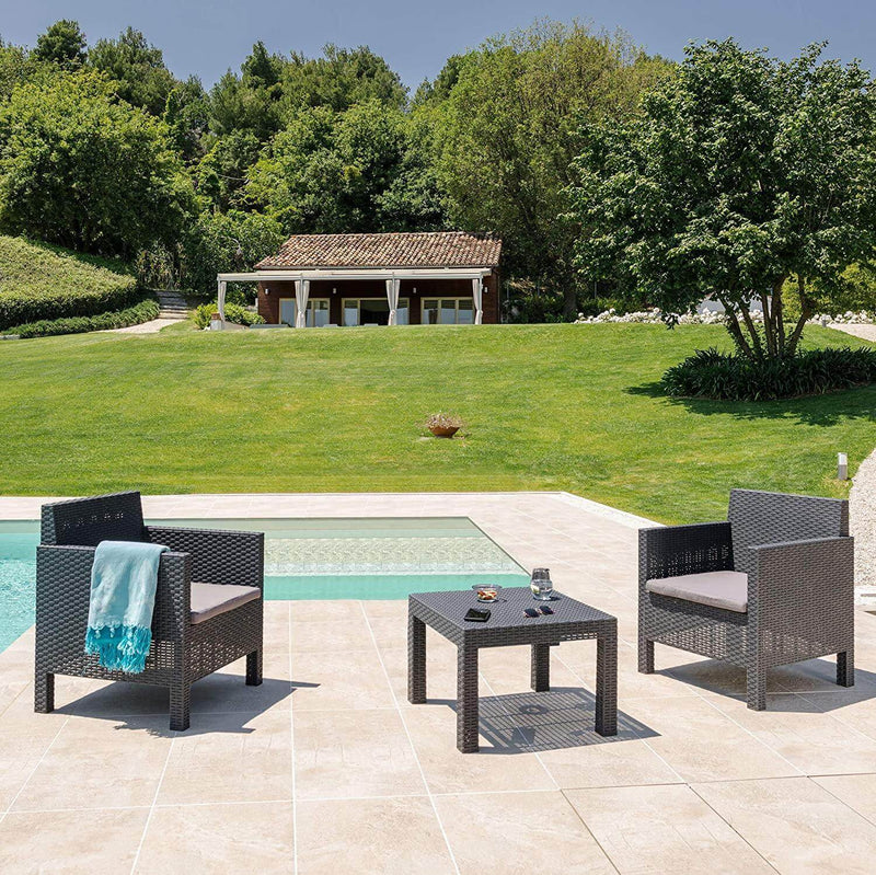 Penelope 3 Piece 2 Person Weatherproof Rattan Outdoor Garden Lawn Decking Balcony Furniture Set, 2x Chair + 1x Table, Anthracite - Packed Direct UK