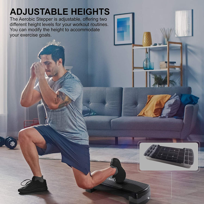 Sport24 Height Adjustable Aerobic Exercise Stepper Box For Home Exercise Workout, 2x Height Level 10cm 4”, 15cm 6”, Raised Platform Steppers Board Block, Home Gym Fitness Equipment Black Grey - Packed Direct UK