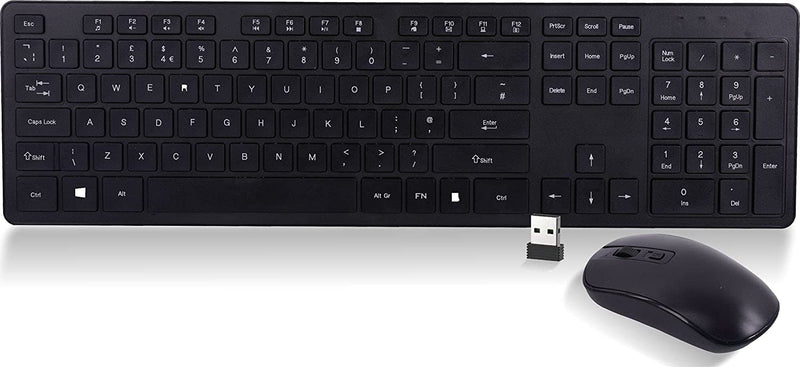Wireless Compact Keyboard and Mouse Combo Set for Windows PC, 12 Multimedia & Shortcut Keys, Quiet Operation, Splashproof, QWERTY UK Layout - Black - Packed Direct UK