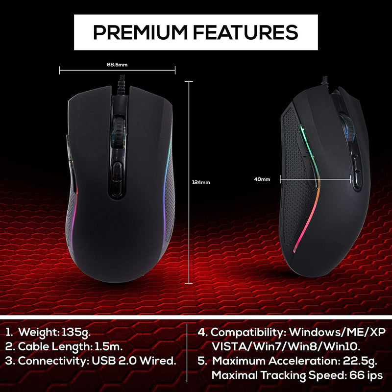 XTREME RGB Backlit USB Wired Optical Gaming Mouse for PC Computer Gaming - 7 Programmable Buttons - 6400 DPI Adjustable - Ergonomic Grip - Black - Packed Direct UK